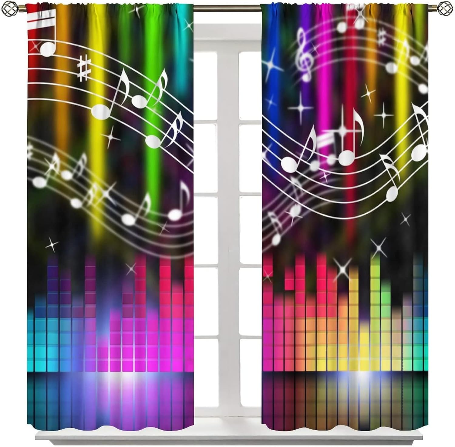Music Window Curtain, Sound Equalizer Note Colorful Pattern Blackout Curtains for Bedroom Living Room Window Drapes 2 Panel Set, Total Size 42" x 45"
