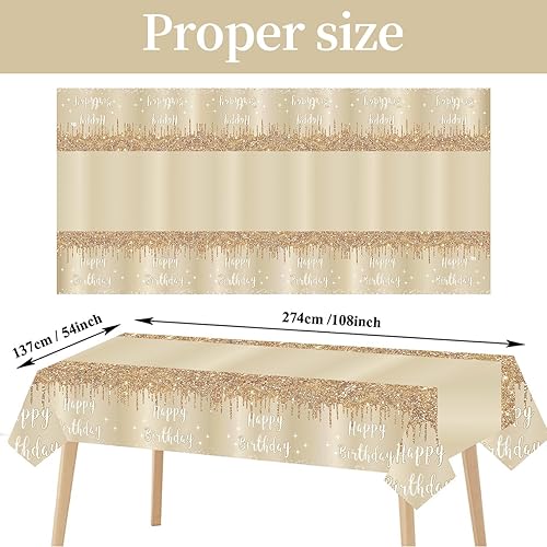 Miniatura 2 de Paquete de 3 manteles dorados de feliz cumpleaños para mujeres y niñas, manteles de mesa de cumpleaños de oro blanco y dorado, suministros