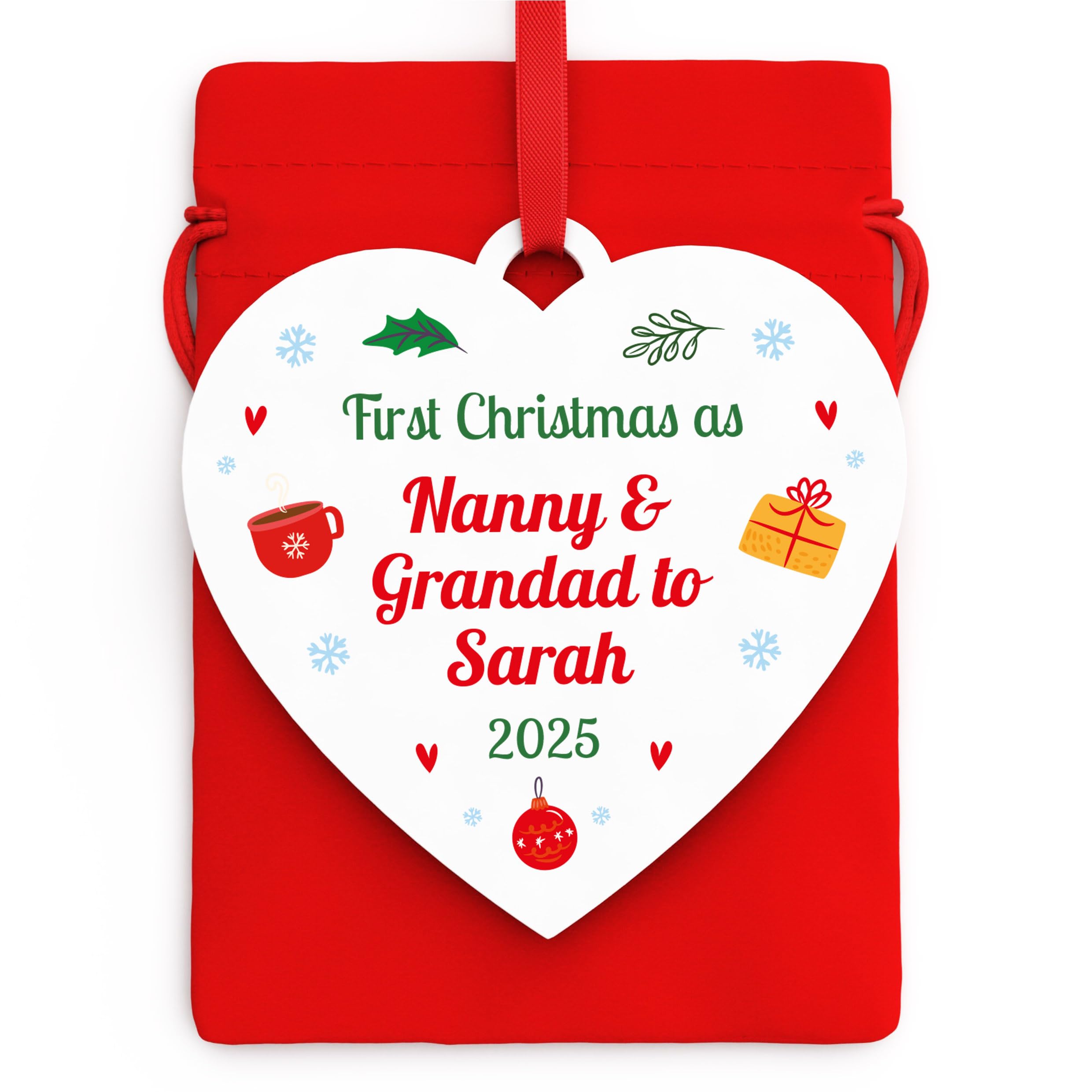 PERSONALISED Grandparents First Christmas Decoration - 1st First Christmas As Nanny and Grandad Ornament - White Acrylic Hanging Heart First Christmas As Grandma Nanna Nan Granny Grandpa Gramps