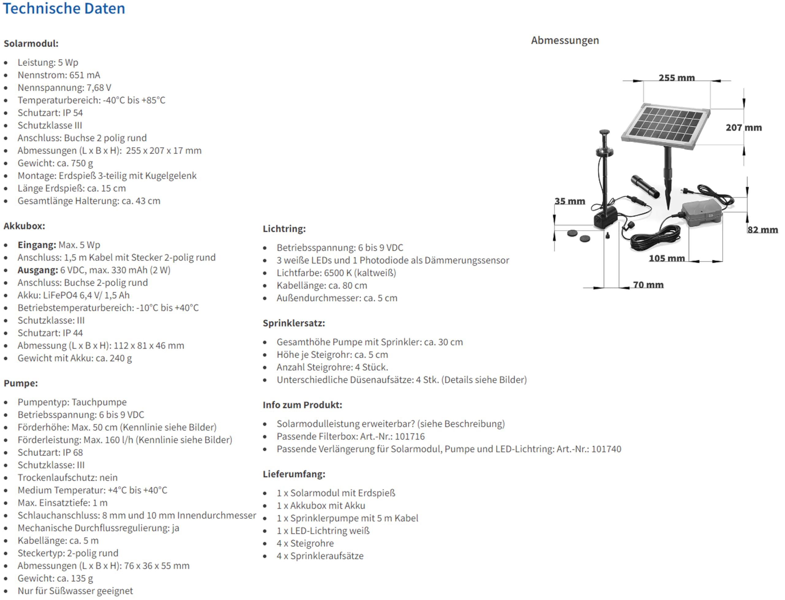 esotec Solar Teichpumpe 160 l/h mit LiFePO4 Akku & LED – Solarbrunnen für Gartenteich & Wasserspiel – 5W Solarmodul, 4 Fontänen 101920