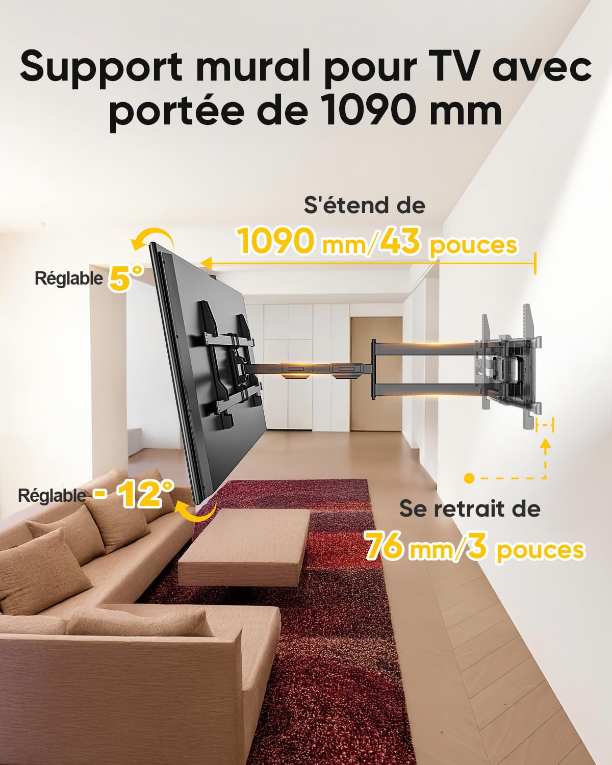 FORGING MOUNT Support Mural TV à Extra Longue, Portée 1090 mm, 32-80 Pouces | VESA Max 600x400 mm, Charge maximale 50 kg, Pivotement, inclinaison et rotation, Écrans plats ou incurvés