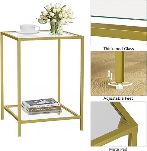 Miniatura 5 de Juego de 2 mesas auxiliares, mesa auxiliar con vidrio templado, mesitas de noche de 2 niveles con estantes de almacenamiento, mesa de centro con