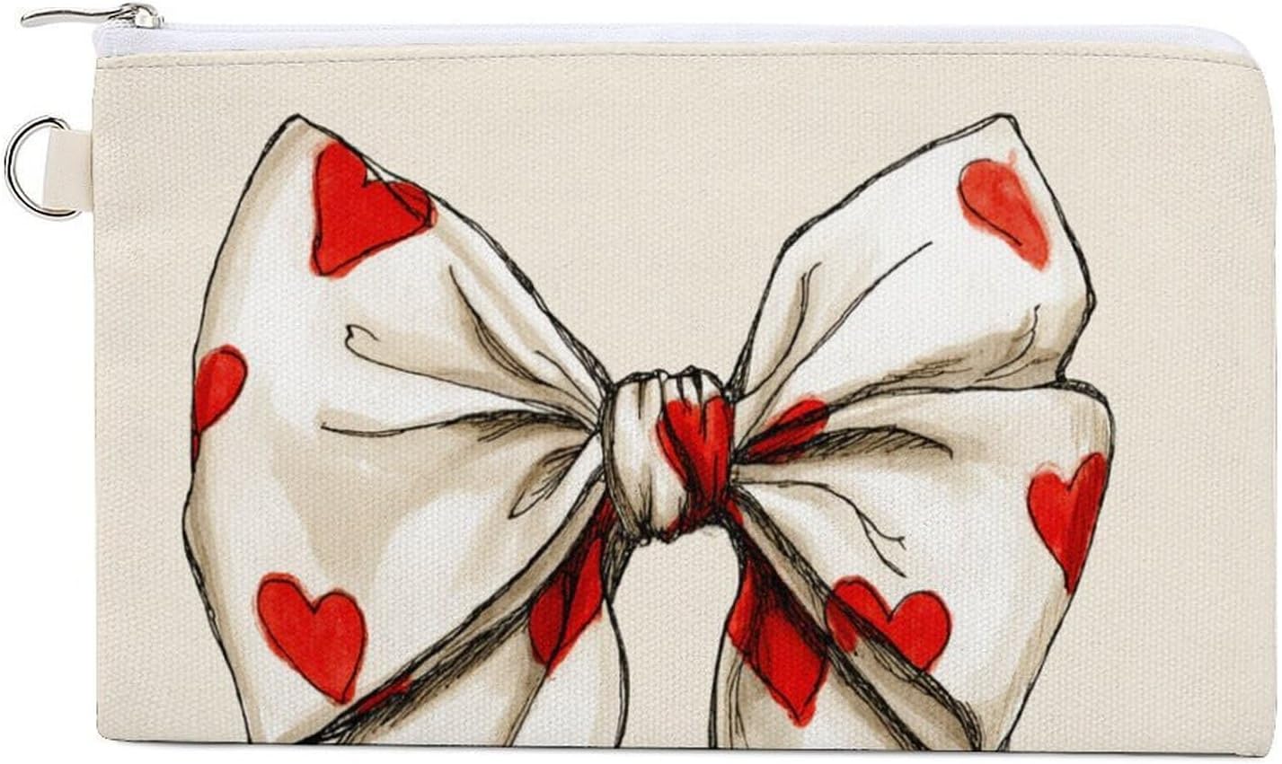 Canvas Wallet Bag,White Bow with Red Hearts Pattern Print Coin Purse, Zipper Change Purse,Small Cosmetic Bag