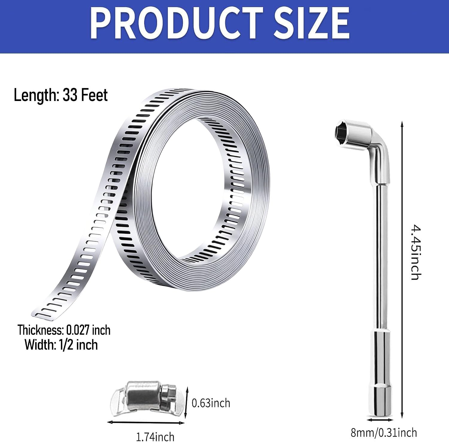 Large Hose Clamps 1/2IN, 304 Stainless Steel Assortment Kit, Cut-To-Fit 33ft Metal Strap 20 Fasteners L Socket Wrench, Worm Gear Hose Duct Clamp, Band Screw Clamps For Auto,Hvac,Duct,Pipe,Fuel Line