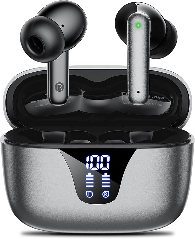 Nequga Wireless Earbuds Bluetooth Headphones, 50H Playtime Ear Buds with Mic, LED Digital Display Charging Case, IPX7 Waterproof, Deep Bass Stereo, in-Ear Earphone for iPhone Andriod Phone - Slate