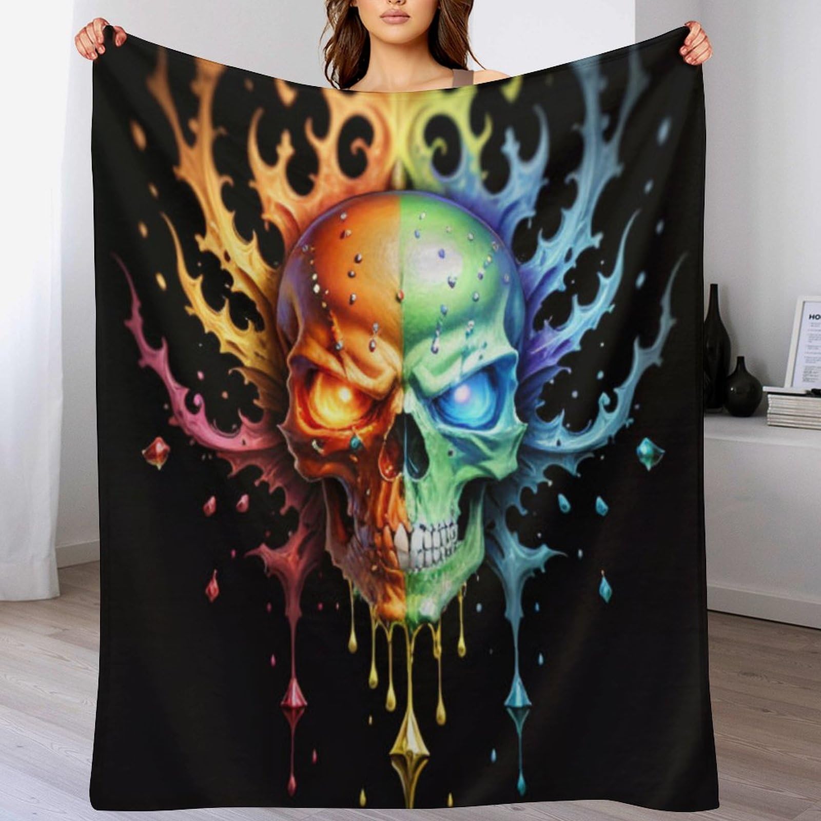 Couverture crâne 140x180cm : le plaid flanelle idéal contre le froid des soirées canapé
