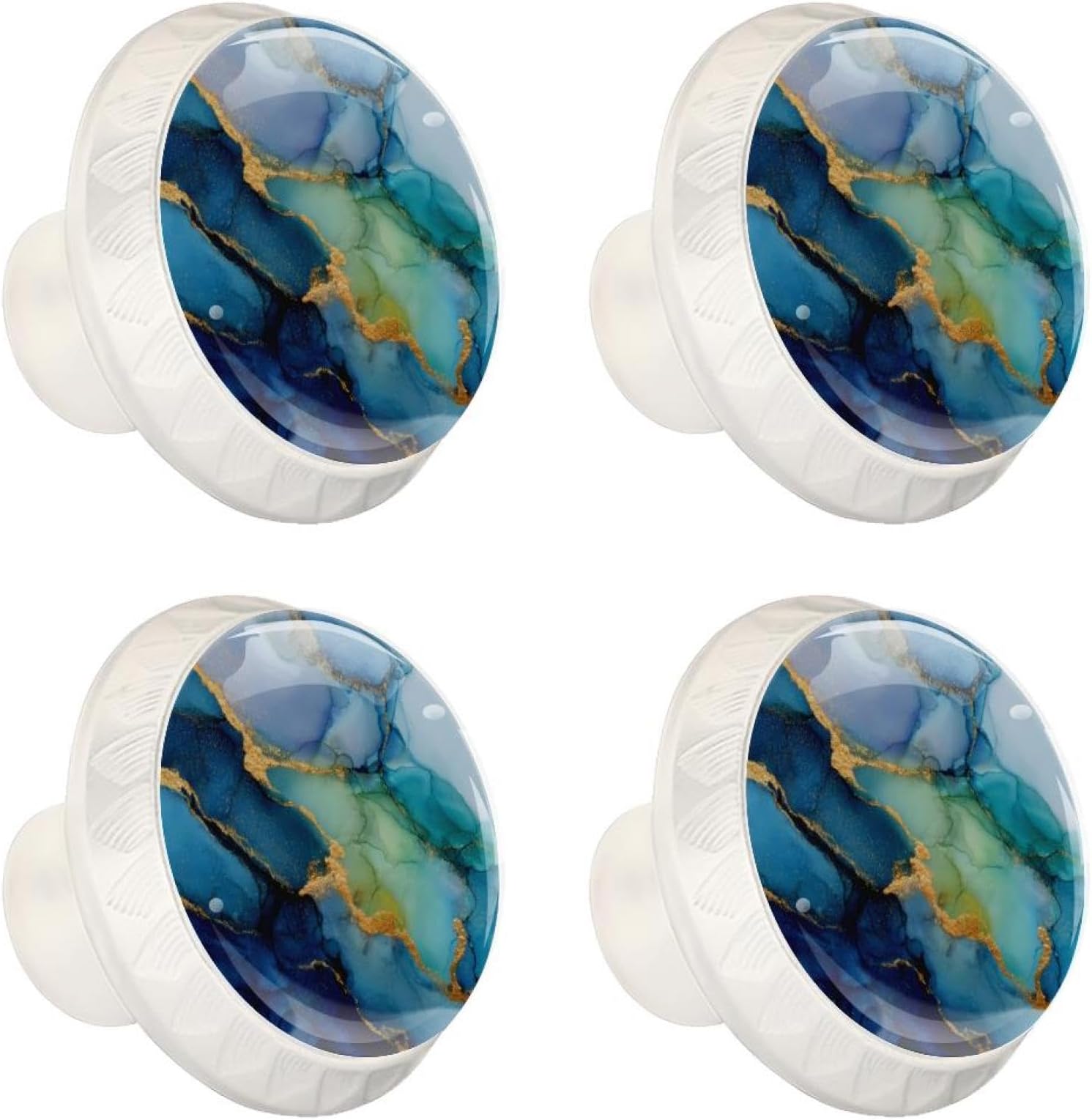 4 Pieces Drawer Knobs Blue and Green Water Color Marble 35mm White Base Dresser Knobs Closet Door Cabinet Hardware Handles Pulls for Kitchen Bedroom Cupboard