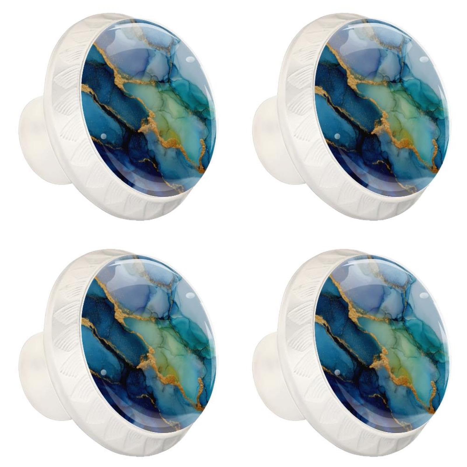 4 Pieces Drawer Knobs Blue and Green Water Color Marble 35mm White Base Dresser Knobs Closet Door Cabinet Hardware Handles Pulls for Kitchen Bedroom Cupboard