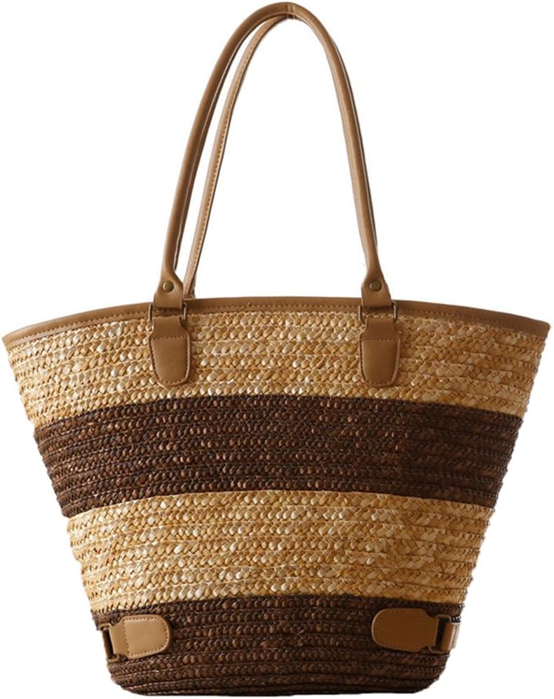 ladies girls pastoral style beach stripe straw basket tote bag shoulder handbag,brown