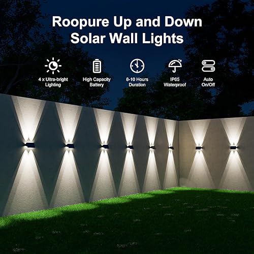Miniatura 2 de Paquete de 4 luces de pared alimentadas por energía solar para exteriores, montaje en valla de arriba y abajo, lámparas LED decorativas impermeables