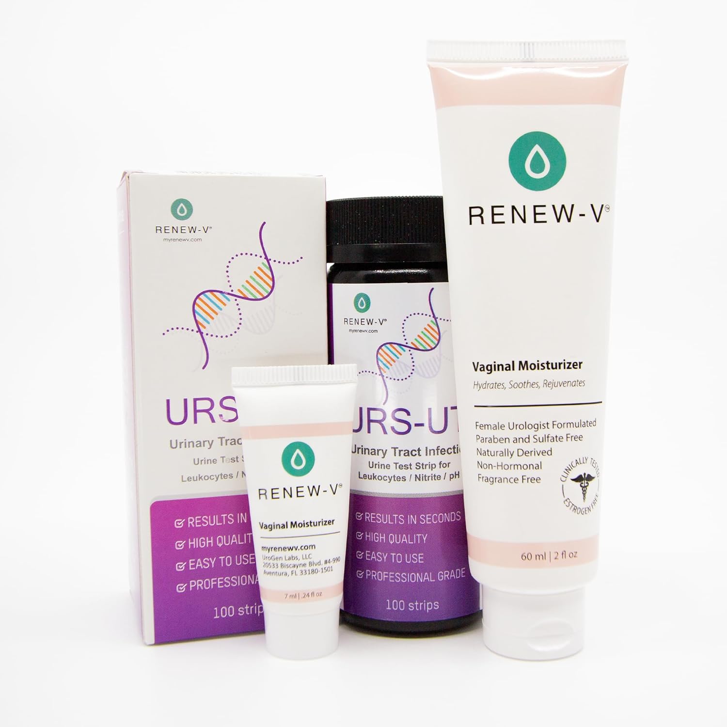 RenewV Women’s Intimate Care Bundle – UTI Test Strips 100ct & Vaginal Moisturizer 2oz with Sample – At-Home Urinary & Feminine Care Kit