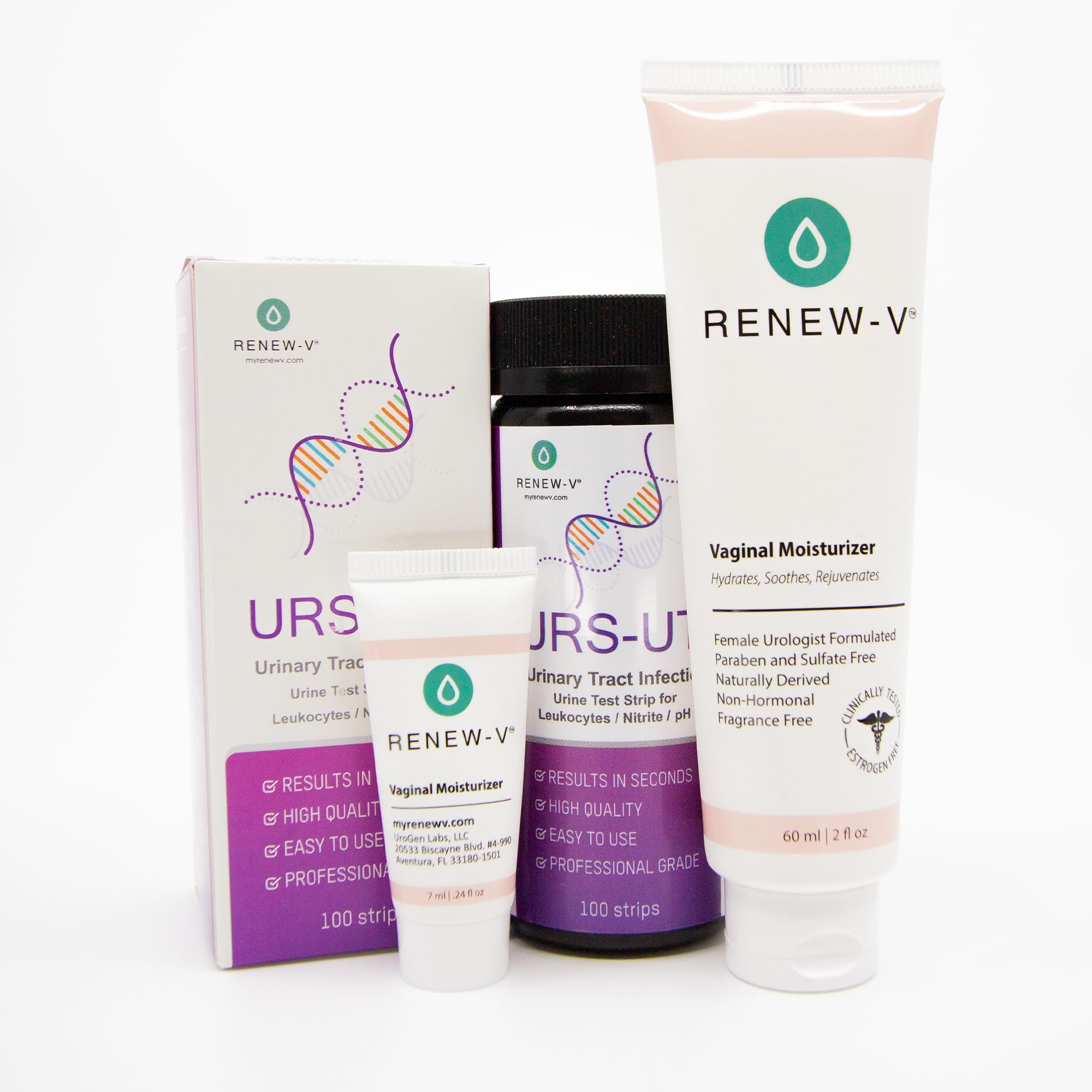 RenewV Women’s Intimate Care Bundle – UTI Test Strips 100ct & Vaginal Moisturizer 2oz with Sample – At-Home Urinary & Feminine Care Kit