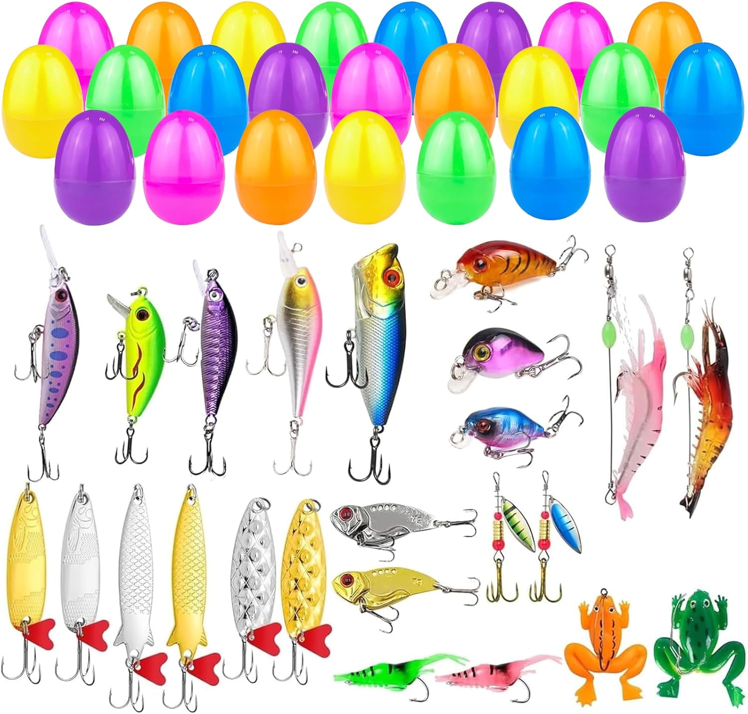 24 Set Prefilled Easter Eggs with Lifelike Fishing Lures,Filled Easter Eggs Fishing Lure Baits Tackle,Easter Basket Stuffers Easter Egg and Party Favor Basket Stuffers Filler Classroom Prize
