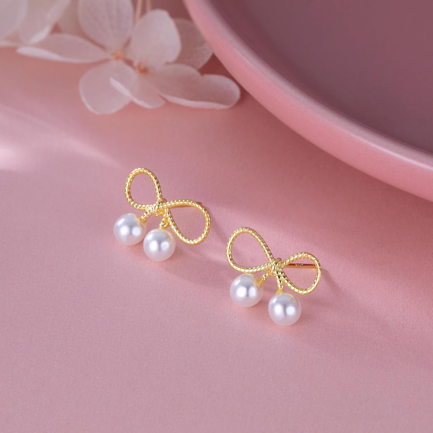Reffeer Solid 925 Sterling Silver Bow Stud Earrings Ribbon for Women Teen Girls Bowknot Stud Earrings Pearls - Image 3