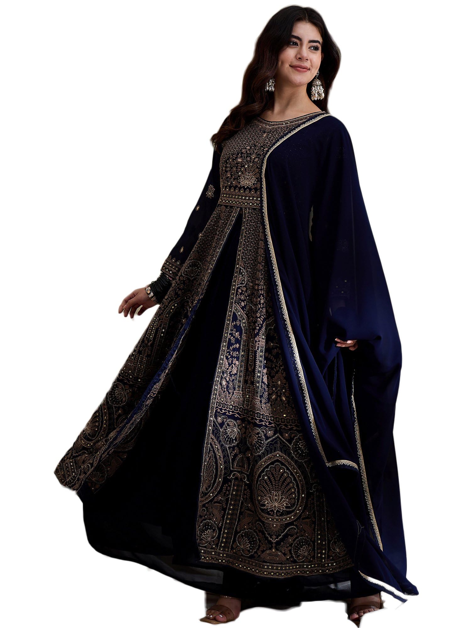shampysky Women's Blue Chinon Stitched Top With Dupatta Full Sleeve Embroidered Anarkali Kurta (SSY-1184-Blue)-picture-23