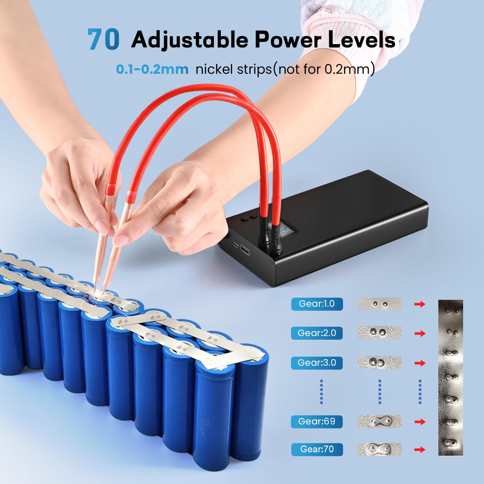 soudeuse par point, Ovshnrr 7500 mAh Mini Batterie Soudaire Spot, Affichage LCD 1,5 '' Amélioré 70 engrenages réglables avec feuille de nickel 5m