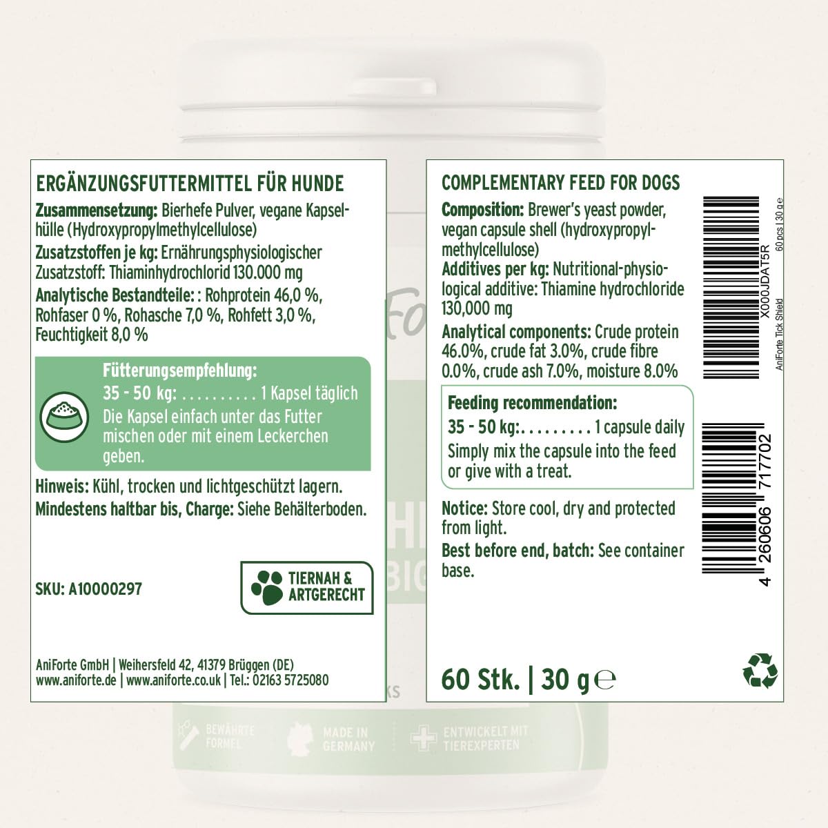 AniForte Tick Shield para Perros (35 a 50 kg) 60 cápsulas. Producto 100% Natural. Complejo de Vitamina B Que Actúa como Escudo Anti-Garrapatas y Parásitos