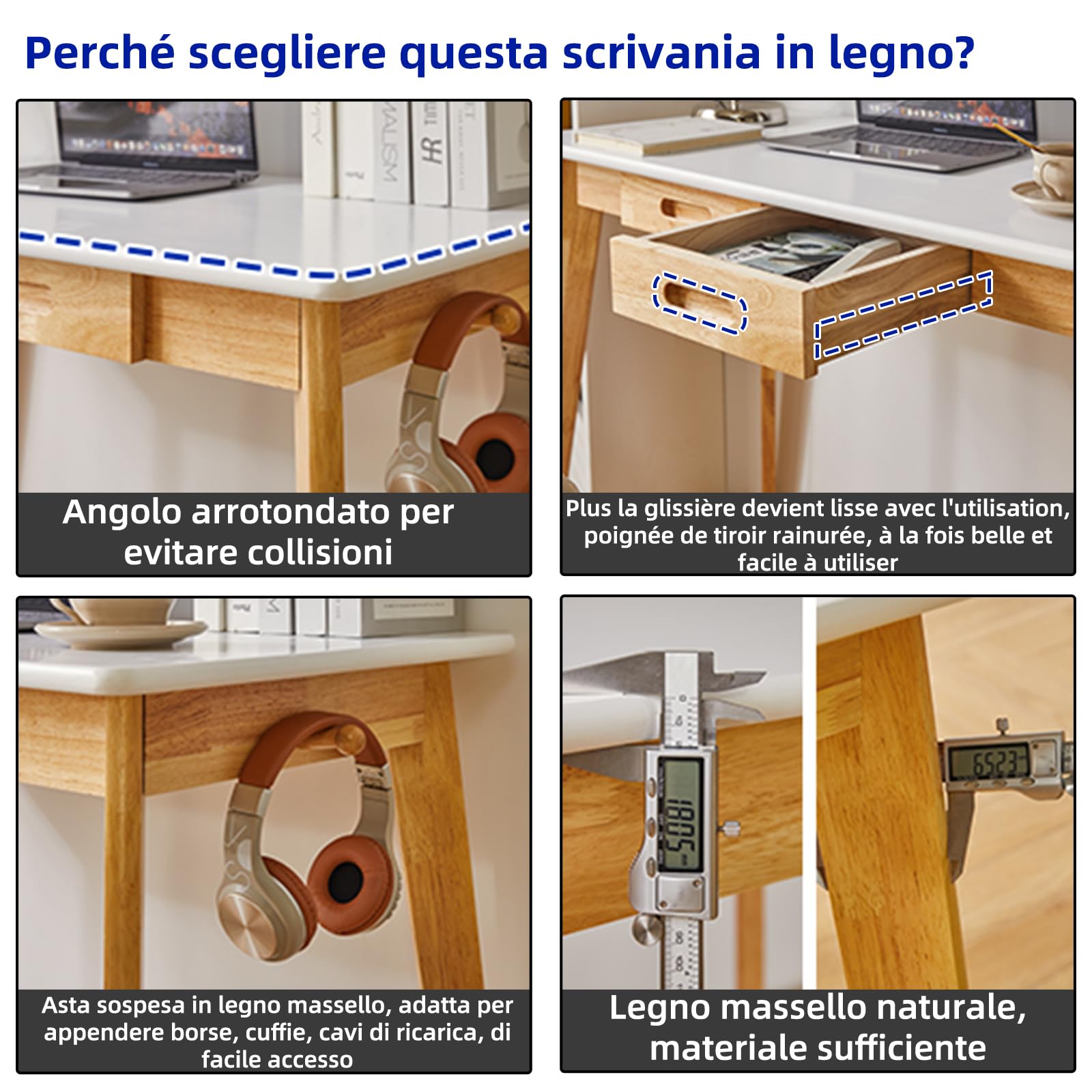 Aibiju Piccola Scrivania per Computer, Scrivania in Legno con Cassetto e asta Pensile, Scrivania da Studio, Scrivania da Lavoro, Tavolo da Pranzo in Legno Bianco + Gambe in Legno Naturale YD-WD01WN