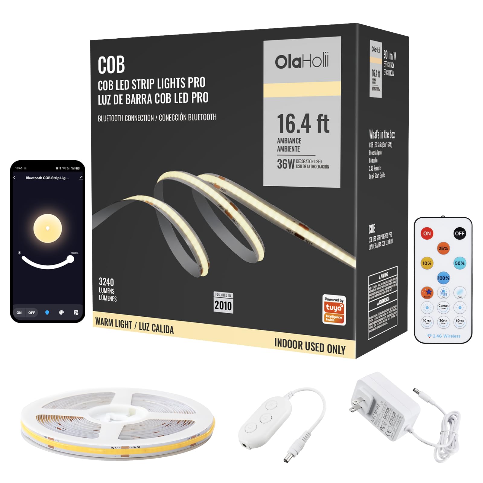 16.4ft Bluetooth White COB Led Strip Light with App, 3000K Ra93+ Dimmable Bright Warm White Led COB Strip Light, White Led Strip Light for Mirror, Stair, Cabinet, Room