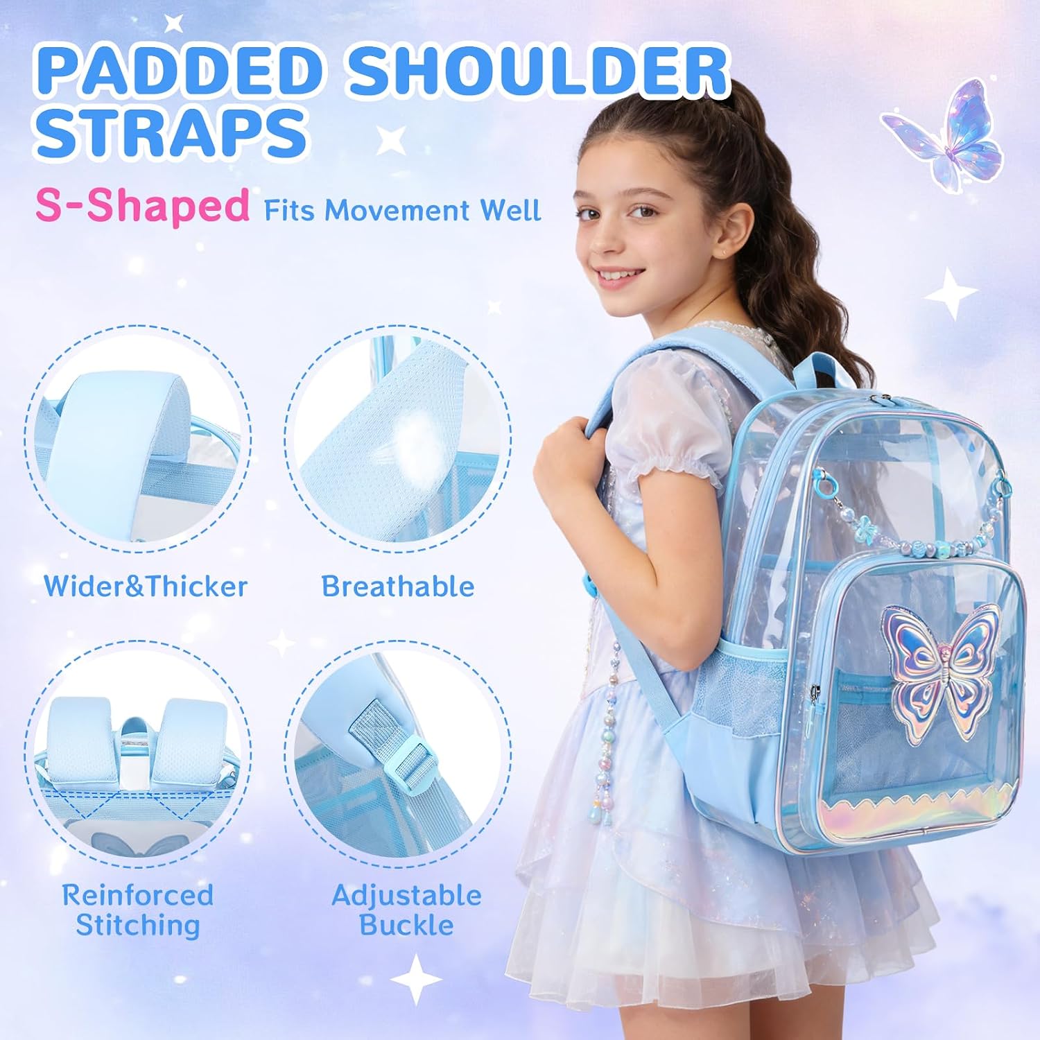 MUSEVOS Clear Backpack, Clear Bookbag for School PVC Heavy Duty Transparent Backpack for Girls, Blue Butterfly