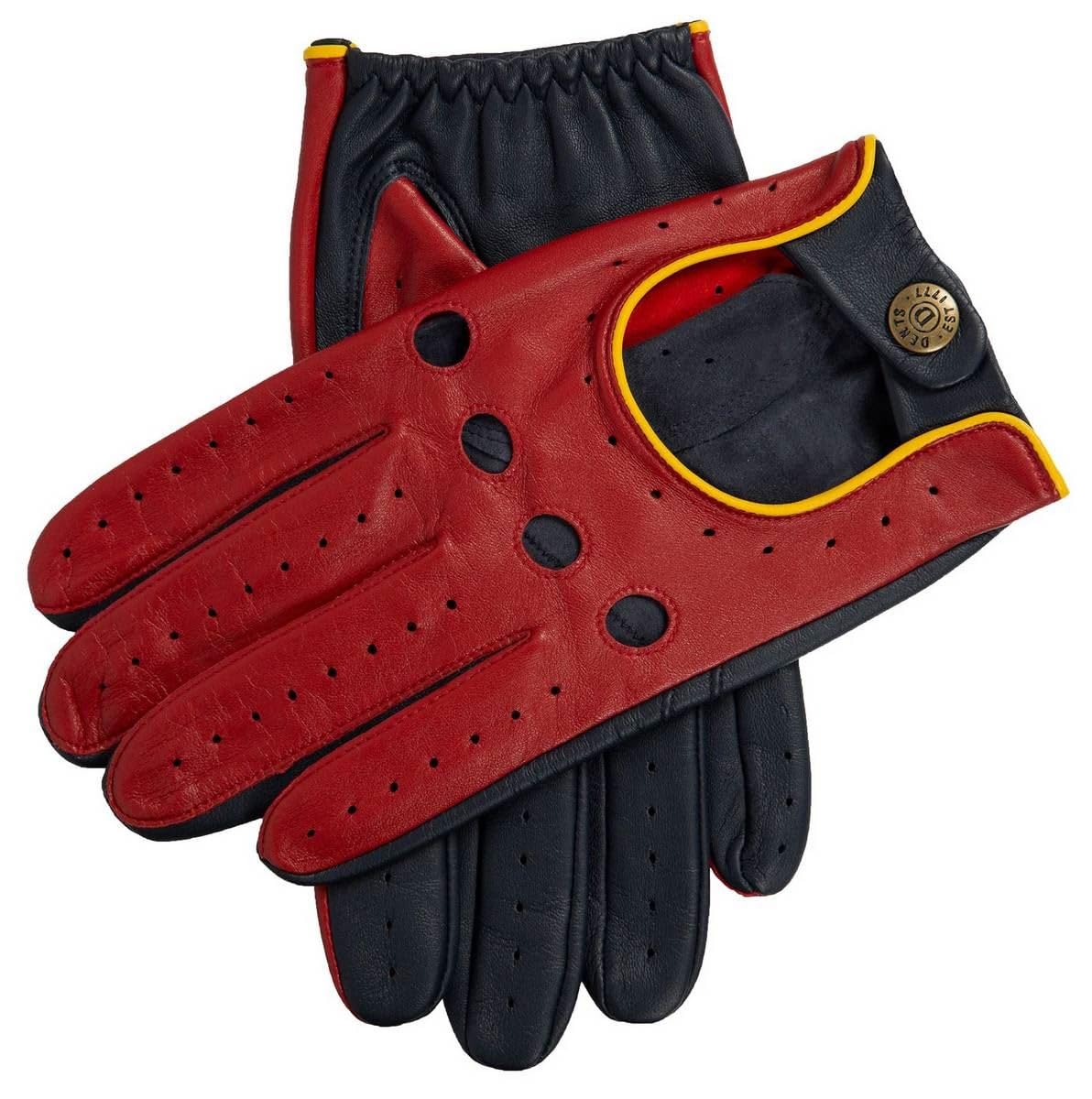 Dents Men's Berry/Navy/Yellow Grand Prix Touchscreen Leather Driving Gloves - Red// - Medium