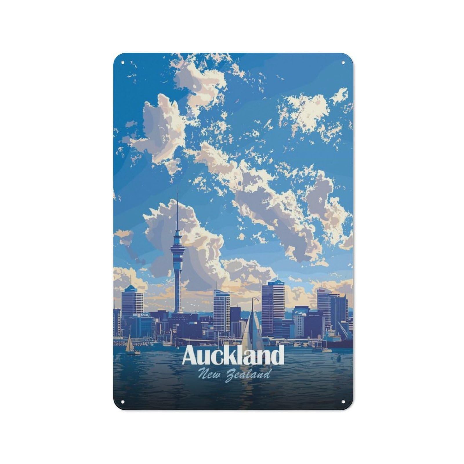 Junmoney Style-12 Tin Wall Plaque 30X20cm With Auckland New Zealand Cityscape Art For Studio Or Craft Room, Suited To Studio Decor Lovers