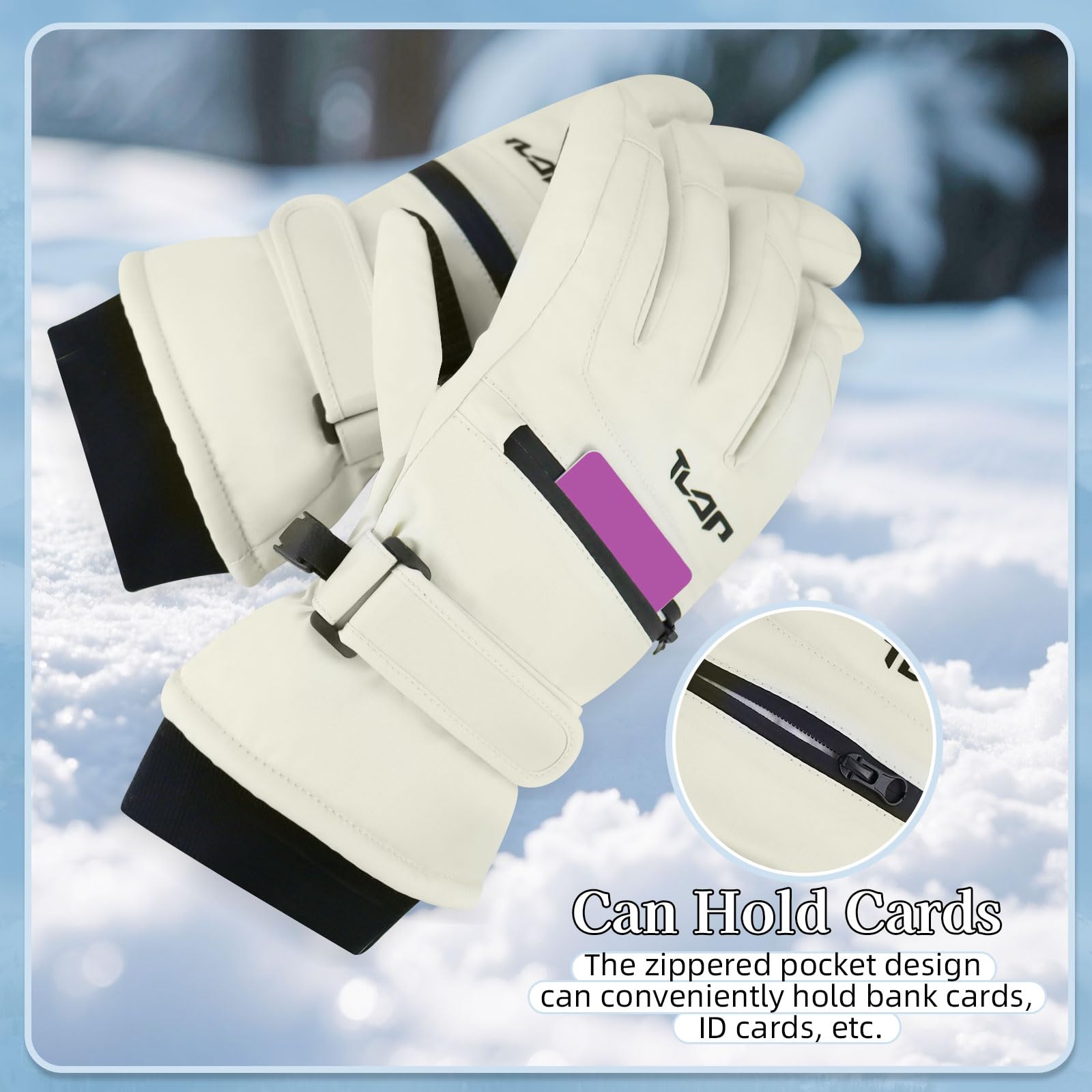 Guantes de esquí impermeables para mujer térmicos a prueba de viento con bolsillo cremallera