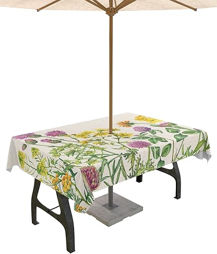 Miniatura 8 de Mantel redondo para exteriores de 60 pulgadas, diseño rústico de hortensias moradas con agujero para paraguas, mantel con cremallera, impermeable,