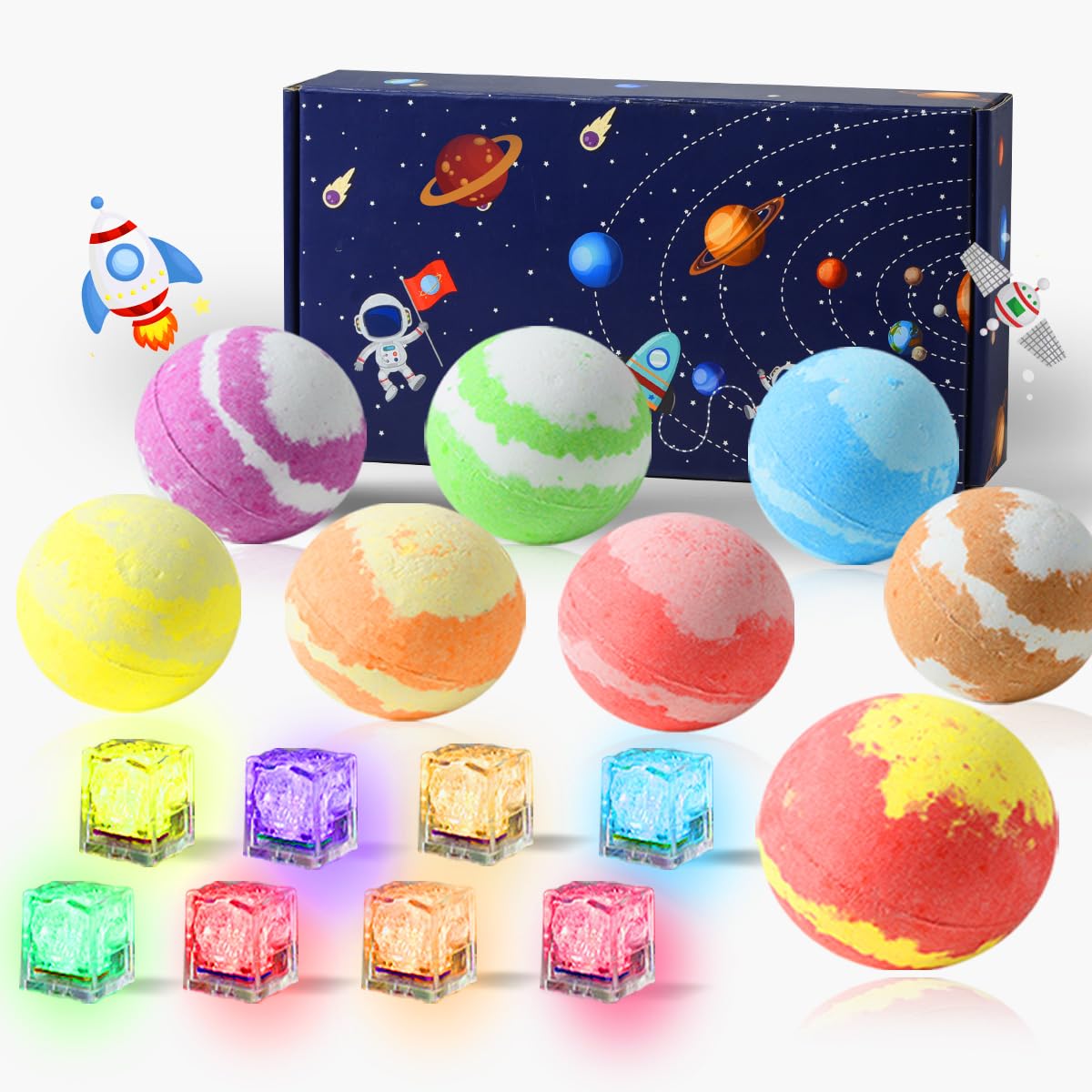 3.88OZ Bath Bombs for Kids Boys Girls Women with Toys Inside Surprise, 8 Light up Bath Bomb of Solar System Set, Organic Essential Oil spa Gift Set for Party, Christmas, Birthday (8 Pieces Light)