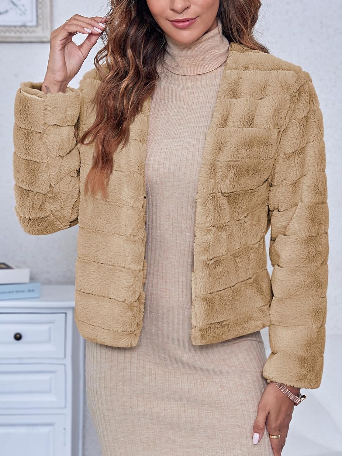 Fisoew Womens Cropped Faux Fur Jackets Long Sleeve Open Front Fluffy Short Coats - Image 3