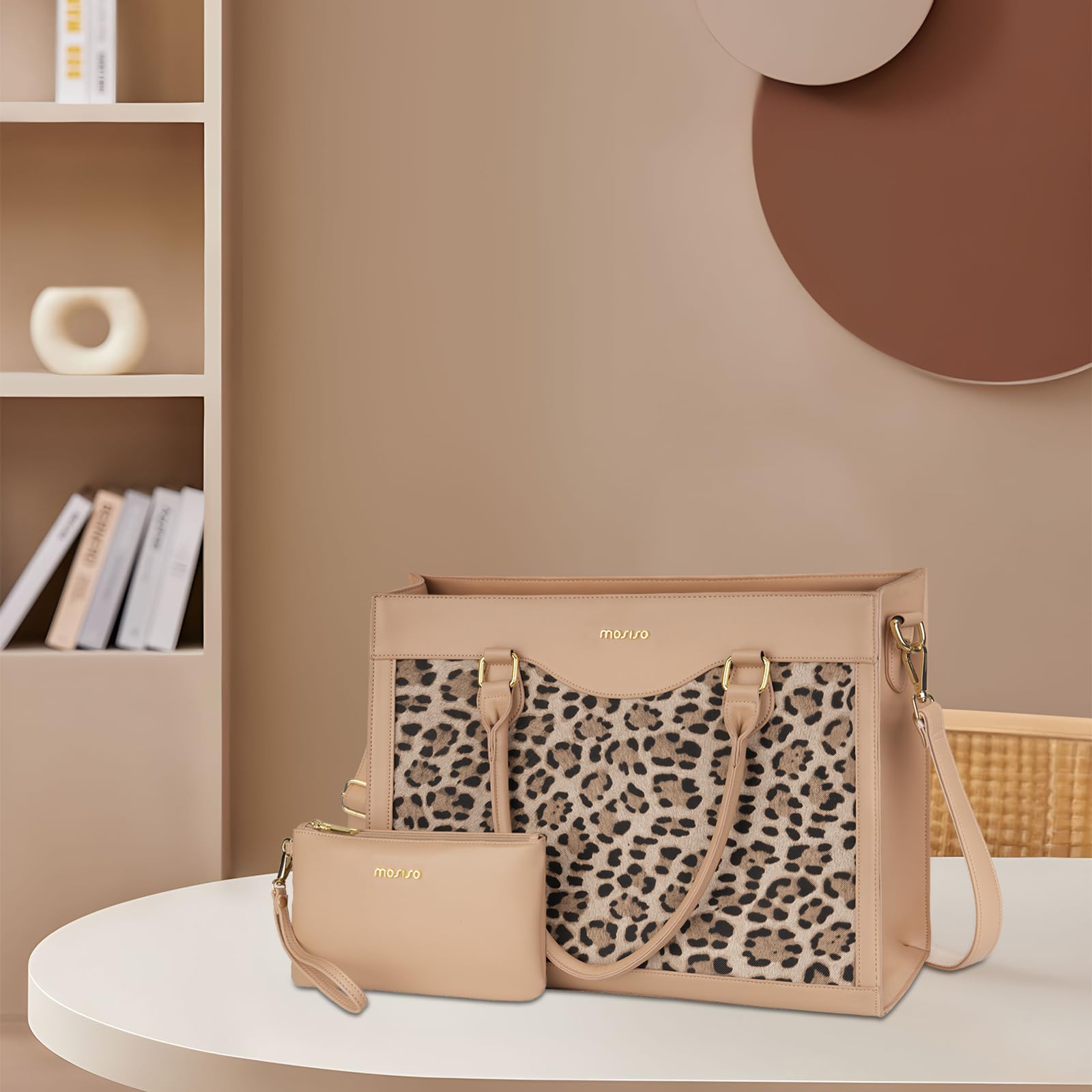 MOSISO Bolsa Portátil con Gran Capacidad, 15,6 Pulgadas Cuero PU Grano Leopardo Bolsa Laptop para Mujeres&Bolso Embrague, Impermeable Computer Maletín Trabajo para Oficina Negocios,Albaricoque