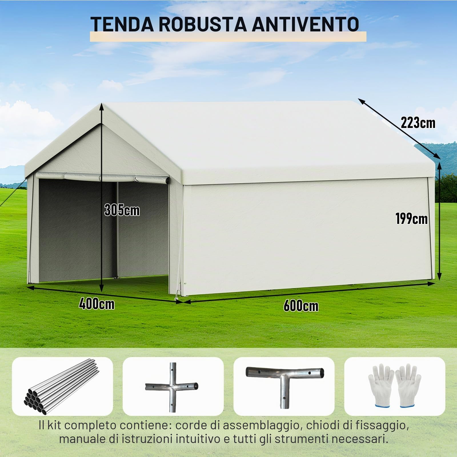 Carport Tenda Garage 4 x 6 m – Tenda da garage impermeabile con pareti laterali rimovibili – Resistente ai raggi UV – Rifugio invernale per auto, SUV, camion, barca, tenda da giardino, garage, bianco