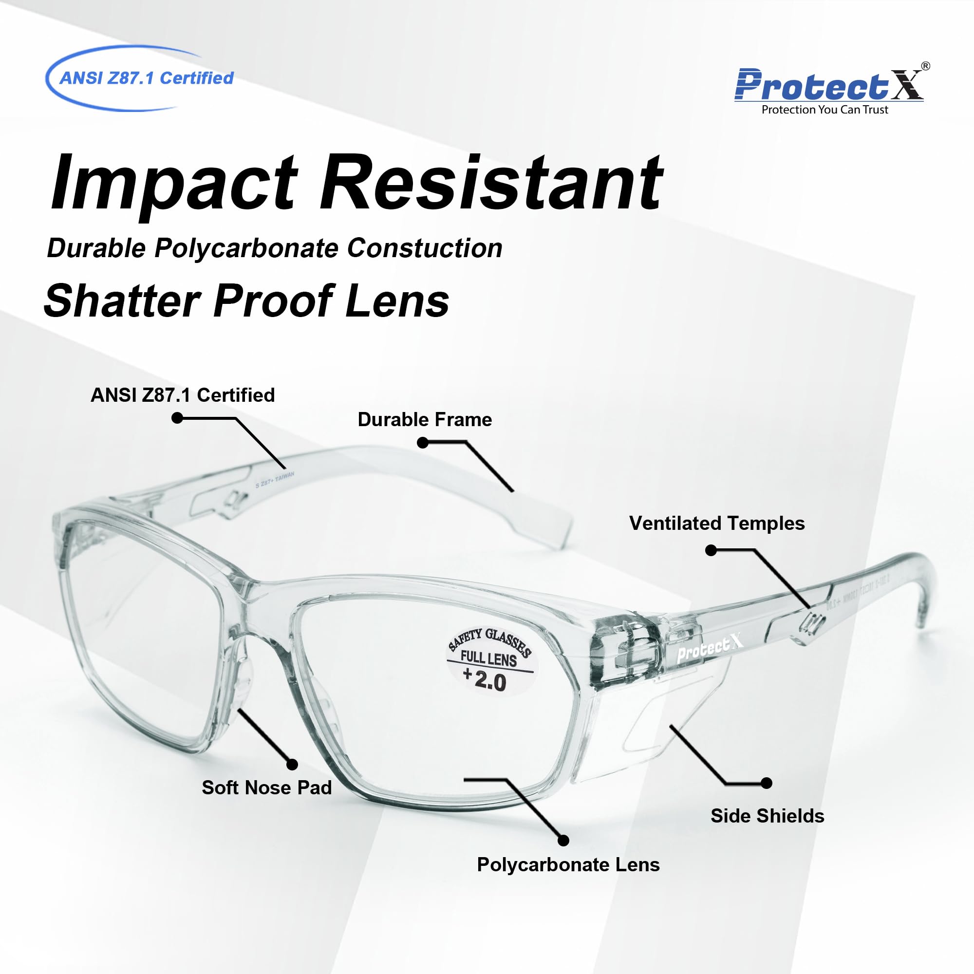 ProtectX Elegantes gafas de seguridad antivaho y resistentes a los arañazos con lectores, gafas de protección UV, gafas ligeras antiimpacto para hombres y mujeres, color carbón de lectura 2.0