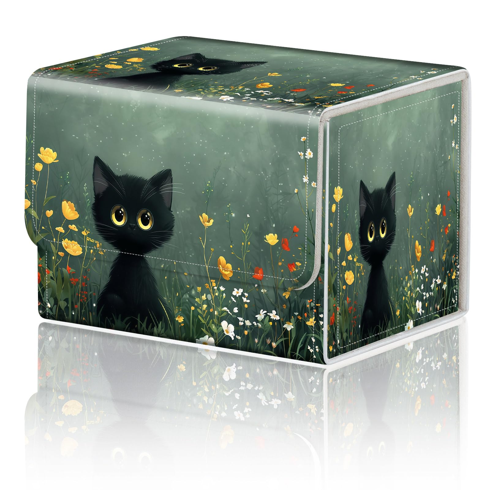 Card Game Storage Box for TCG Deck Box MTG Card Box Organizer Trading Card Case Commander Deck Box TCG Card Storage Box Magnetic Closure Creative Pattern, Golden Wildflowers Cute Black Cat — image 1