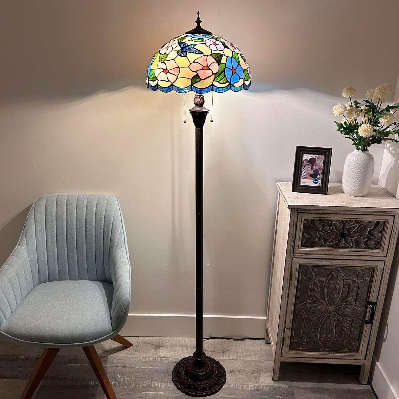 Stained Glass Floor Lamp Pink Blue Hummingbird Flowers Metal Base LED Bulbs Included for Living Room Bedroom 16" W*16" D*64" H
