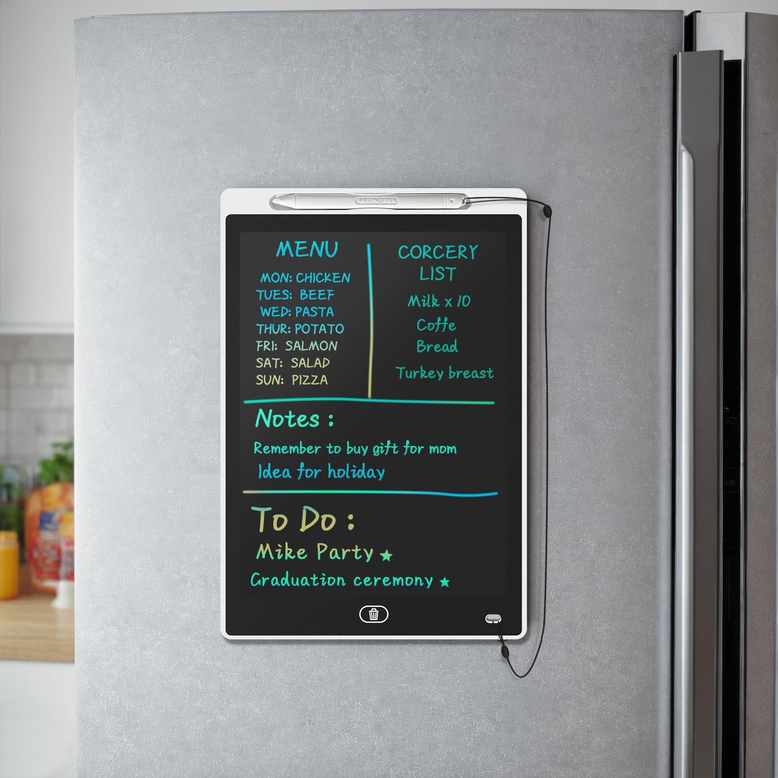 Magnetic Board for Fridge, 9.8”×6.7” Small LCD Writing Tablet Blackboard Grocery to Do List Magnet Pad Dry Erase White Black Whiteboard Adult Chore Chart Refrigerator Digital Notepad Message Center