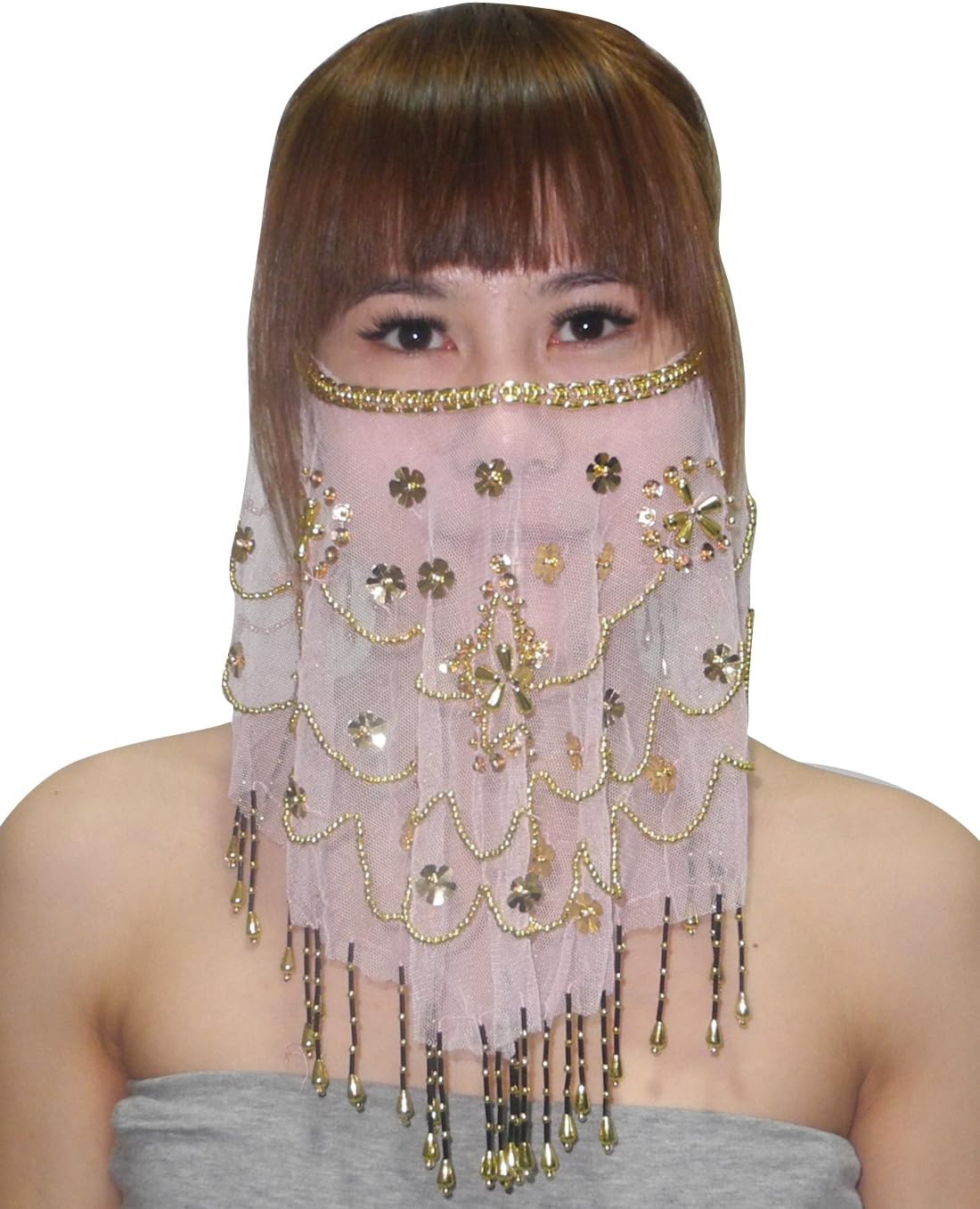 Womens Charming Belly Dance Sequins & Beads Mesh Face Veil