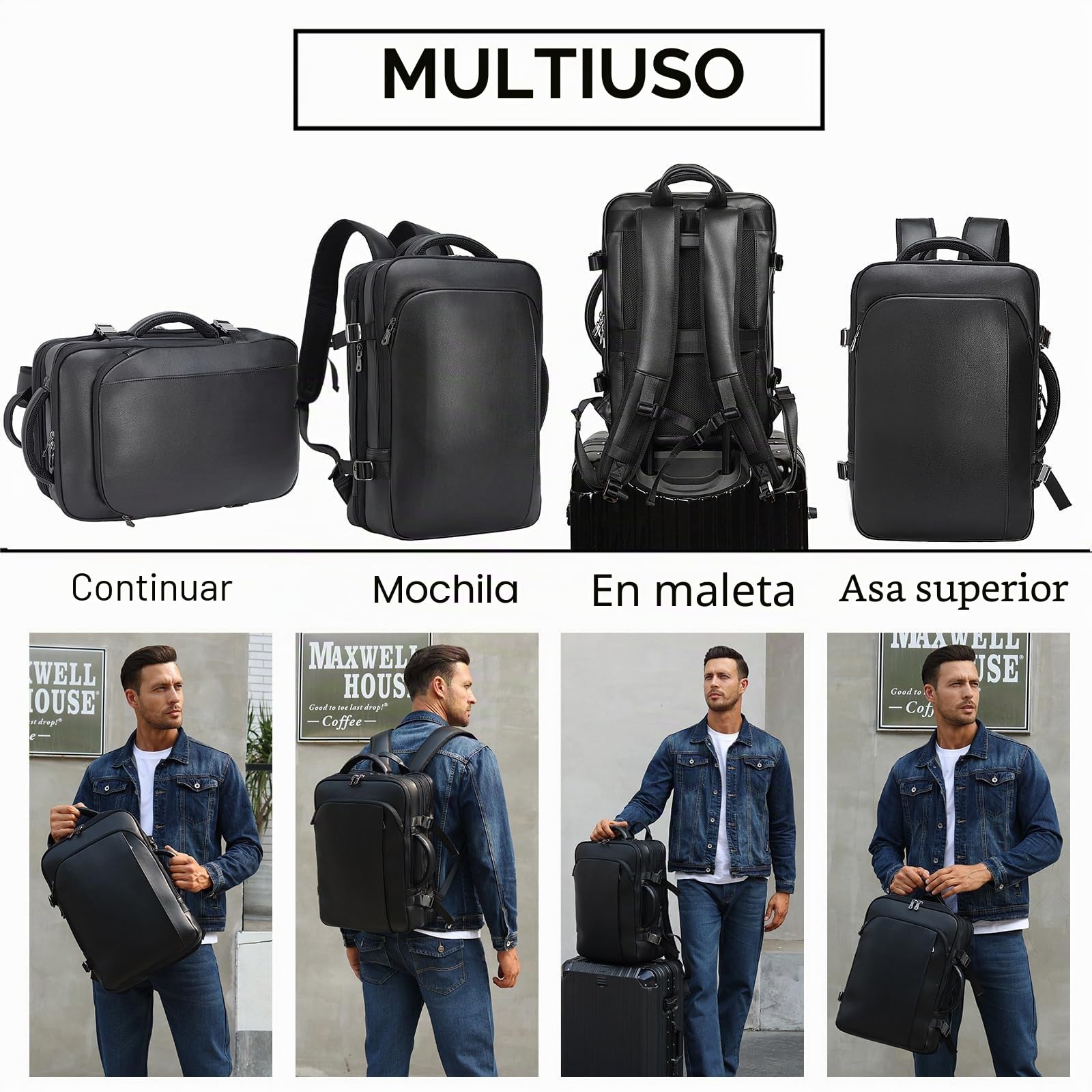 TIDING Mochila de Viaje para Hombre de Cuero Genuino con Compartimento para Portatil 15.6 Pulgadas Gran Capacidad Ampliable 36L Profesional para Negocios y Oficina