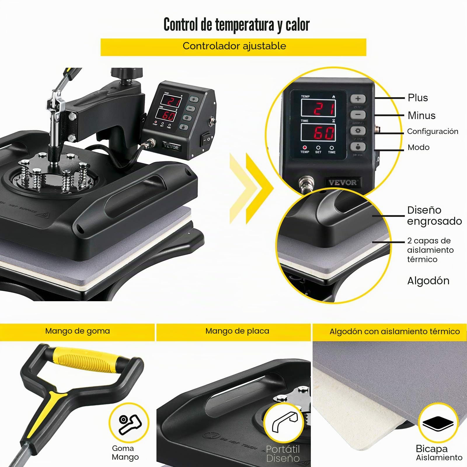 VEVOR Prensa de Calor 8 en 1 Placa 38 x 38 cm Máquina de Prensa de Calor Negra 1000 W Giratoria de 360 Grados Pantalla Digital Prensa de Transferencia para Camiseta Taza Sombrero Tapa