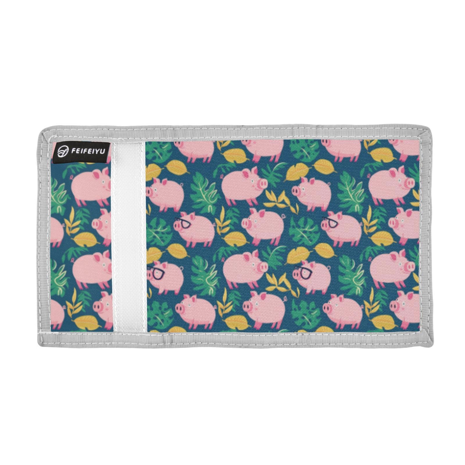 Wusikd Pink Cartoon Pigs Kids Wallet for Boys Girls Colorful Green Leaves Toddler Trifold Wallet Novelty Wallet for Teens Women Men