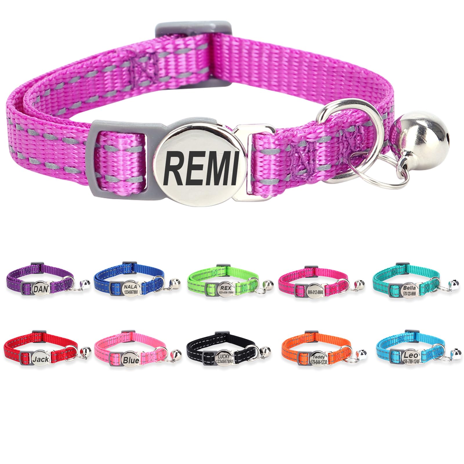 Engraved Personalized Cat Collar,Breakaway Safety Release Buckle,Reflective Collars with ID Name Tag,Adjustable Collar with Bell for Puppy Kitten Cat,Purple (7.5''-12.0'') — image 1