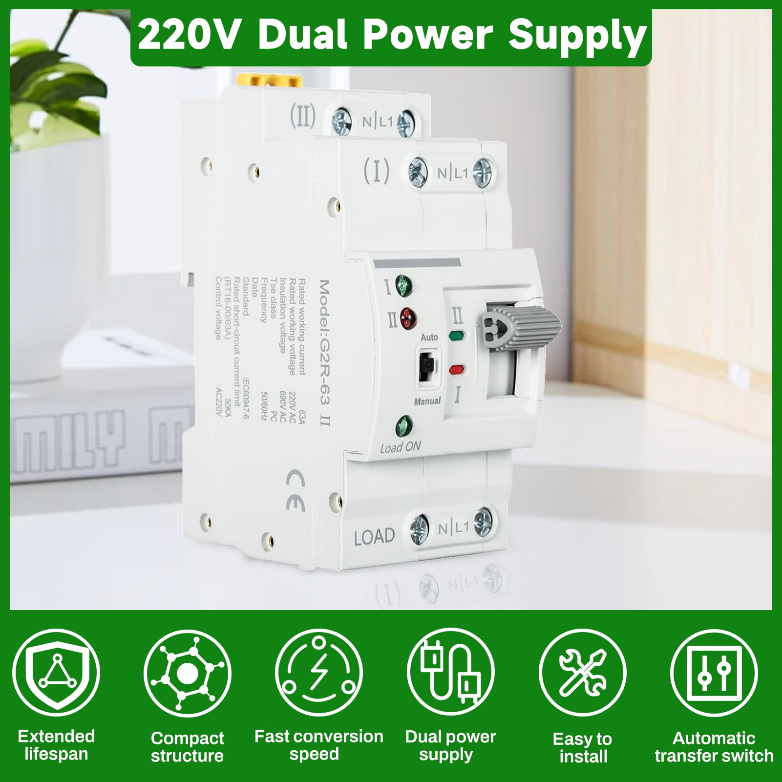 Jadeshay Commutateur de Transfert Automatique, G2R 2P 63A 220V ATS Commutateur de Transfert Automatique a Double Alimentation Double Inverseur de Source Automatique