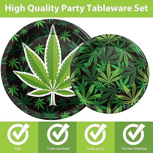 Miniatura 4 de gisgfim 96 piezas de platos y servilletas de fiesta con temática de marihuana, suministros de fiesta, hojas verdes, juego de vajilla para fiesta de