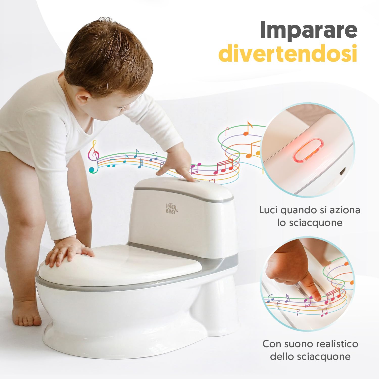 Interbaby Vasino Bambini WC Realistico con Suono di Scarico | Vasino per Bambini Antiscivolo con Porta Carta | Vasino a Forma di WC con Vaso Rimovibile | 18+ Mesi, (Bianco)