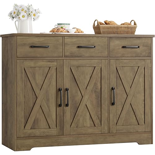 HOSTACK Modern Farmhouse Buffet Sideboard Cabinet, Barn Doors Storage Cabinet with Drawers and Shelves, Wood Coffee Bar Station for Dining Room, Kitchen, Living Room, Rustic Brown