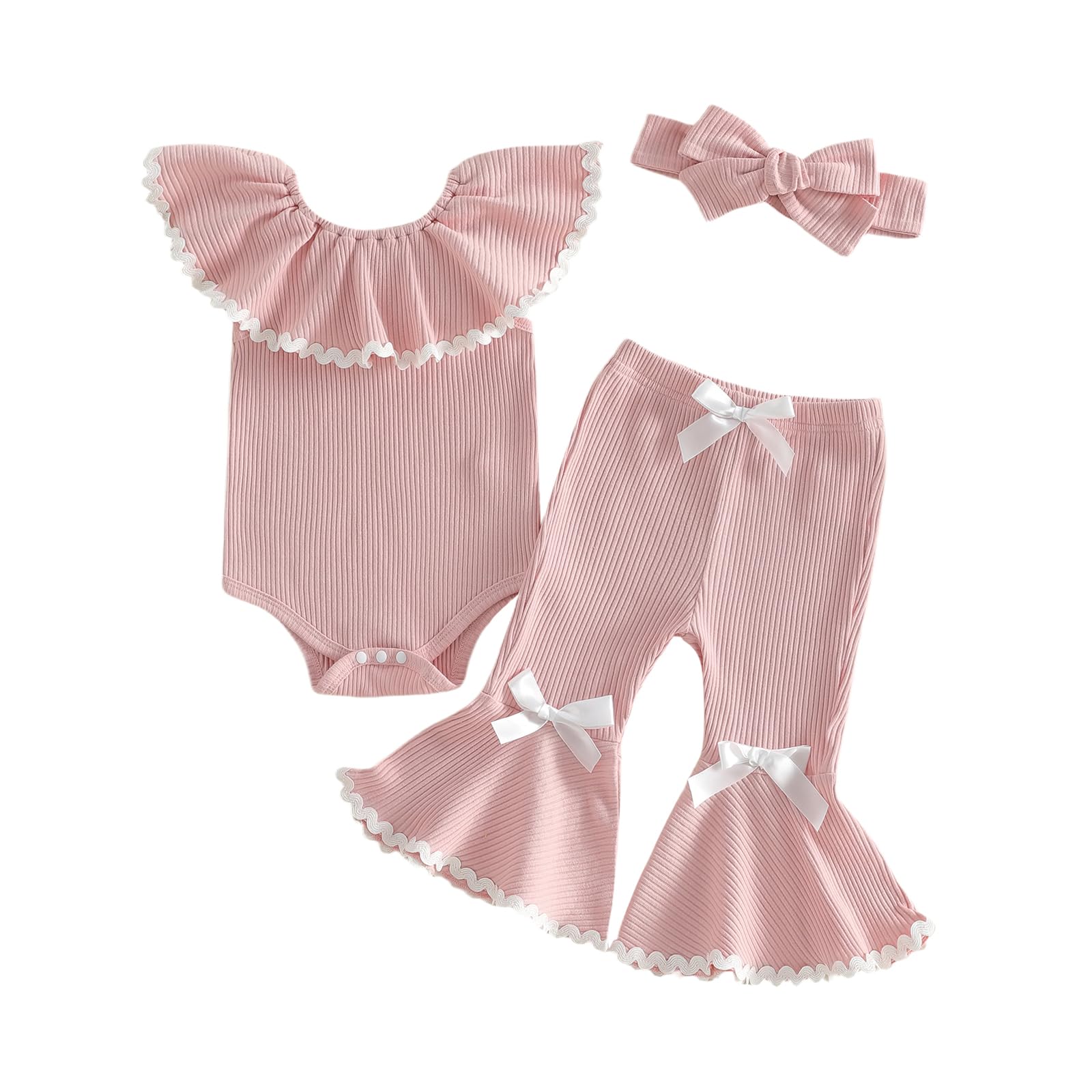 Infant Newborn Baby Girl Summer Outfit Ruffle Sleeveless Ribbed Knit Romper Top Bow Flare Pants 3Pcs Clothes Set