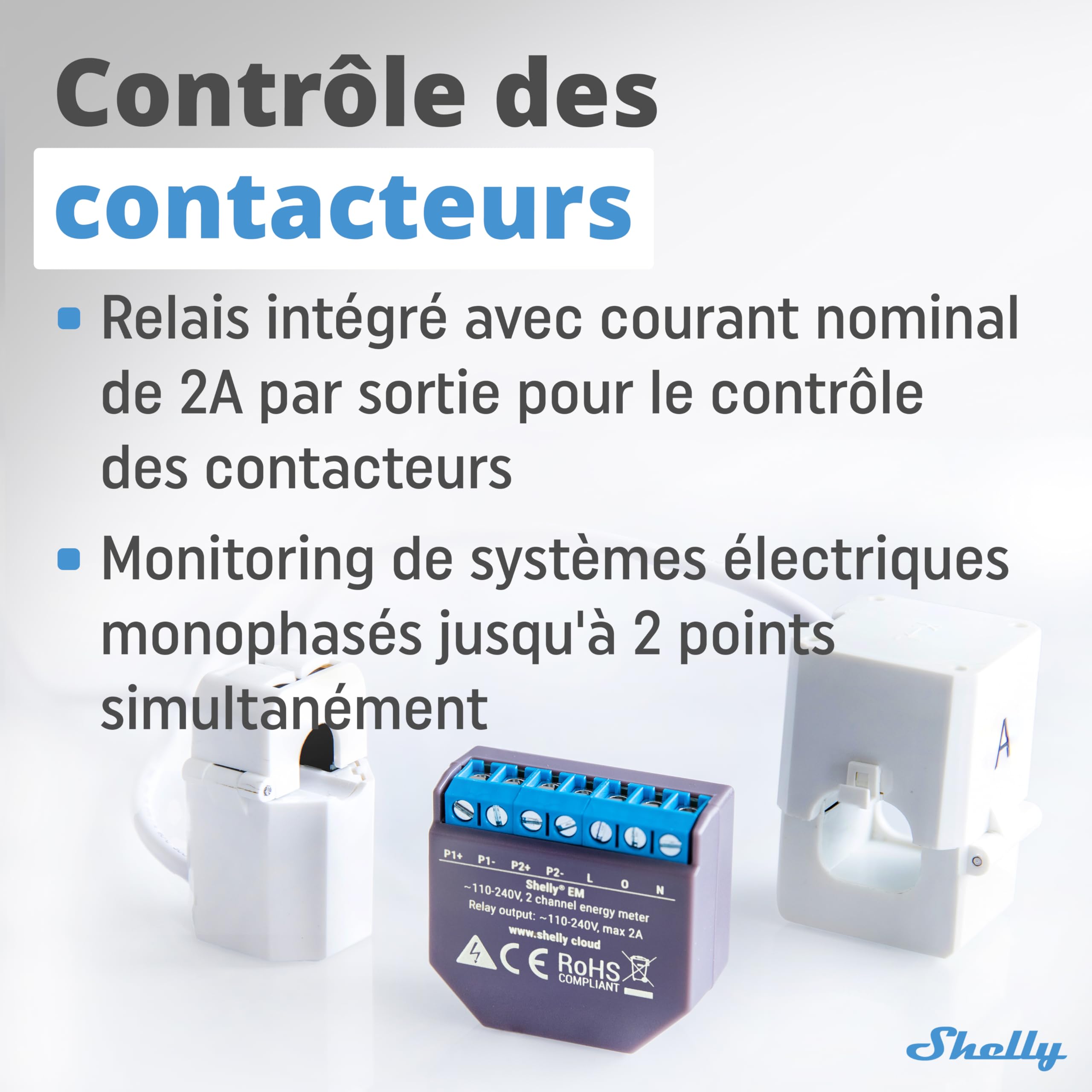 Shelly EM - Module Compteur d'énergie intelligent Wi-Fi, 2 canaux (120A), Domotique, Haute précision, Mesure production photovoltaïque, Compatible avec Alexa et Google Home, App iOS Android