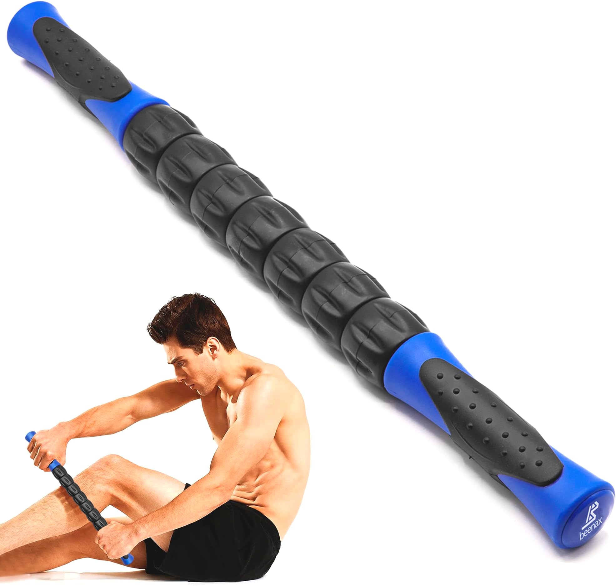 Beenax Muscle Therapy Massage Stick, 360° Tension Reduction - Ridged Gears for Trigger Points, Deep Tissue, Myofascial Release, Leg, Quads & Calf Tightness - Relieve Soreness, Cramps and Pain