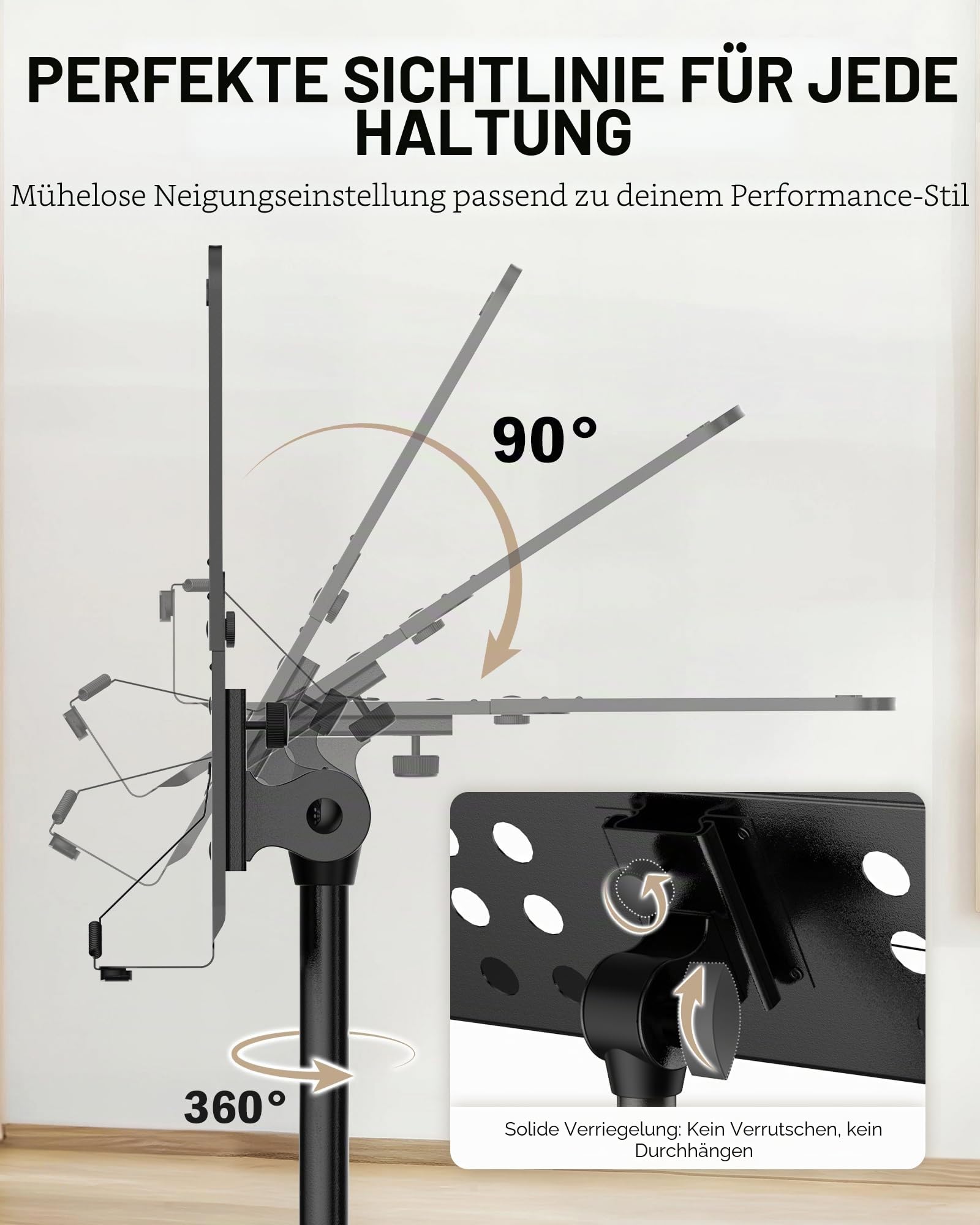 Vekkia Notenständer – Professioneller Notenständer klappbar stabil aus Metall mit perforierter Notenablage, höhenverstellbar und faltbar, inkl. Tragetasche, ideal für Bandauftritte und Proben