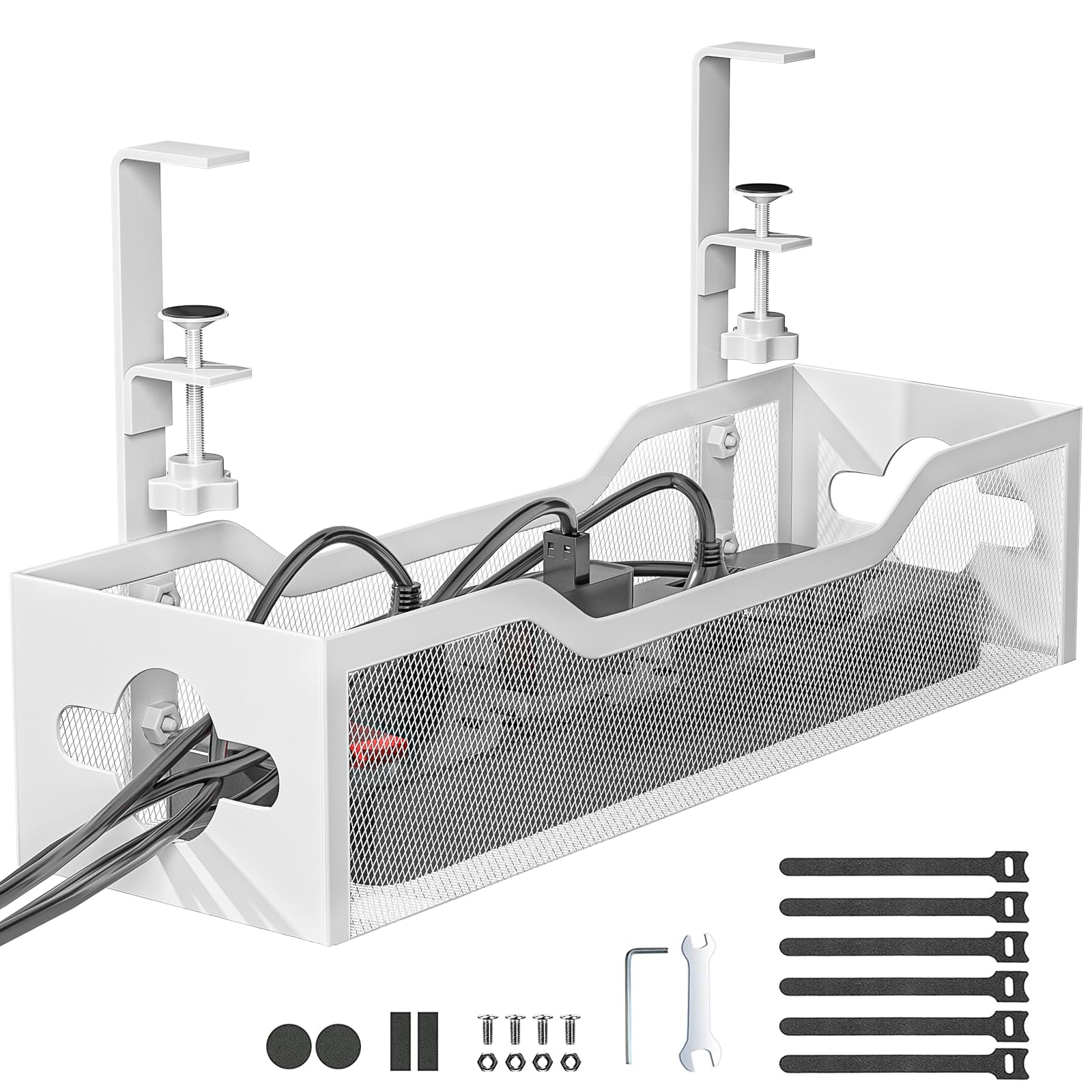 Litwaro - Bandeja de gestión de cables para debajo del escritorio, color blanco, sin taladro, organizador de cables con abrazadera para gestión de cables, organizador de cables para oficina, hogar